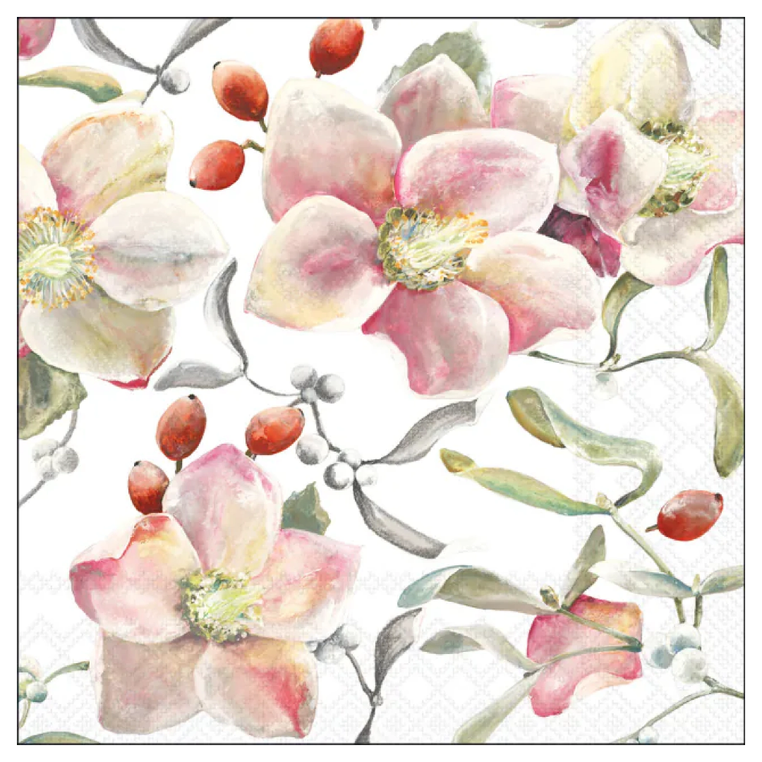 Tovagliolo fantasia 33 x 33 cm Rosa di Natale e Vischio