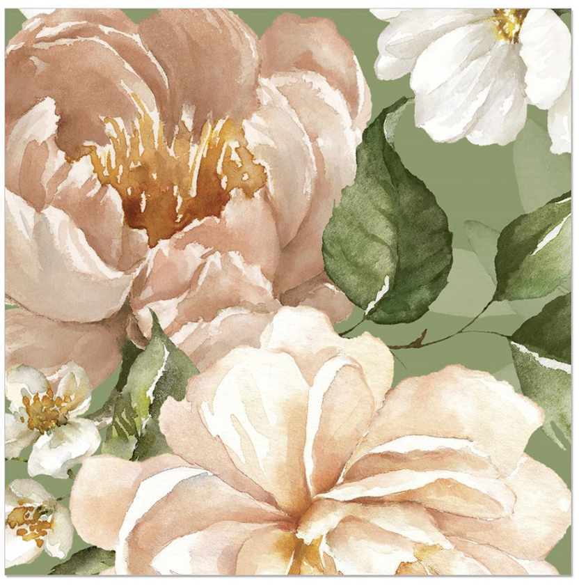 Tovagliolo fantasia 3 veli 33x33 cm Peonie verde