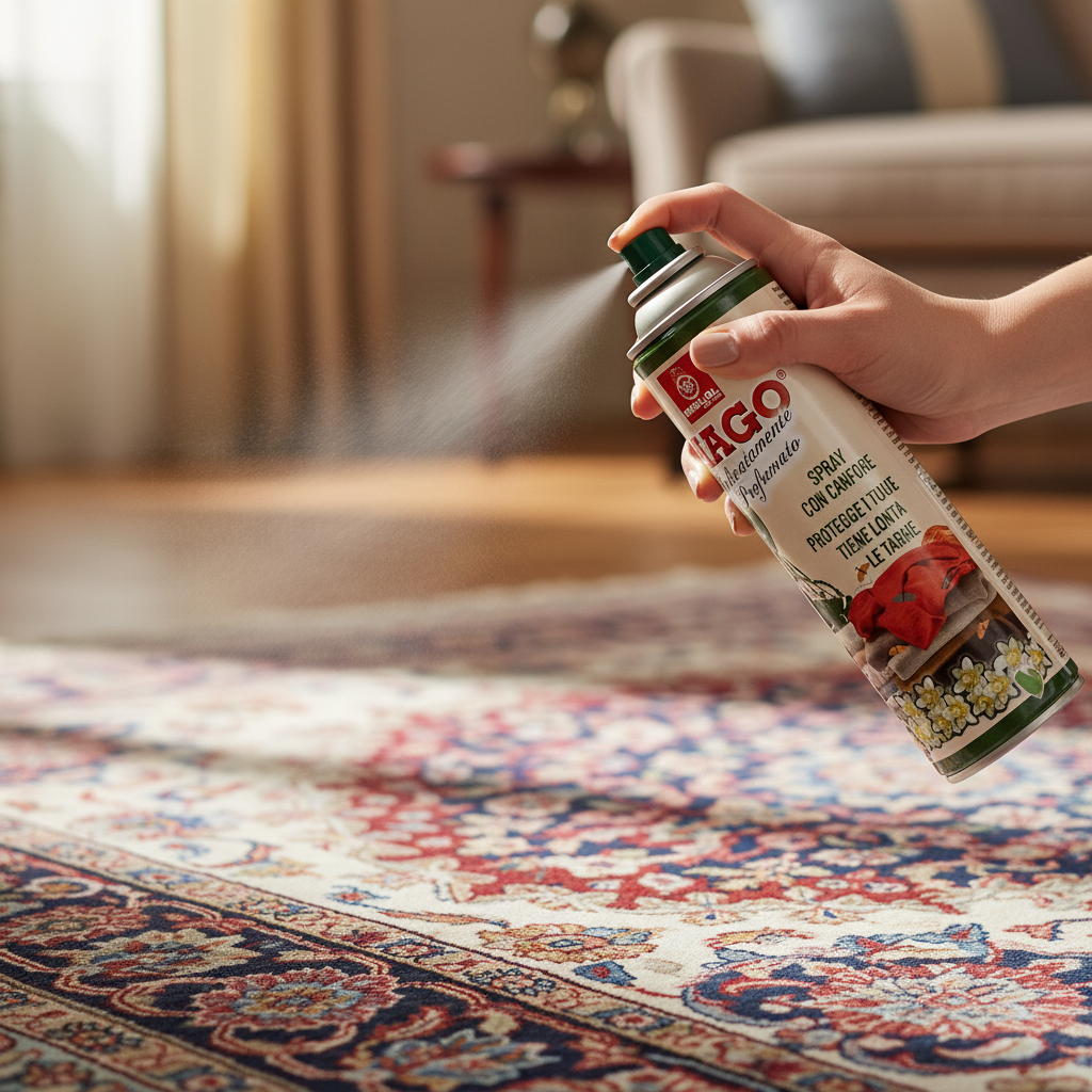 Mano che spruzza Mago Tarmicida su tappeto