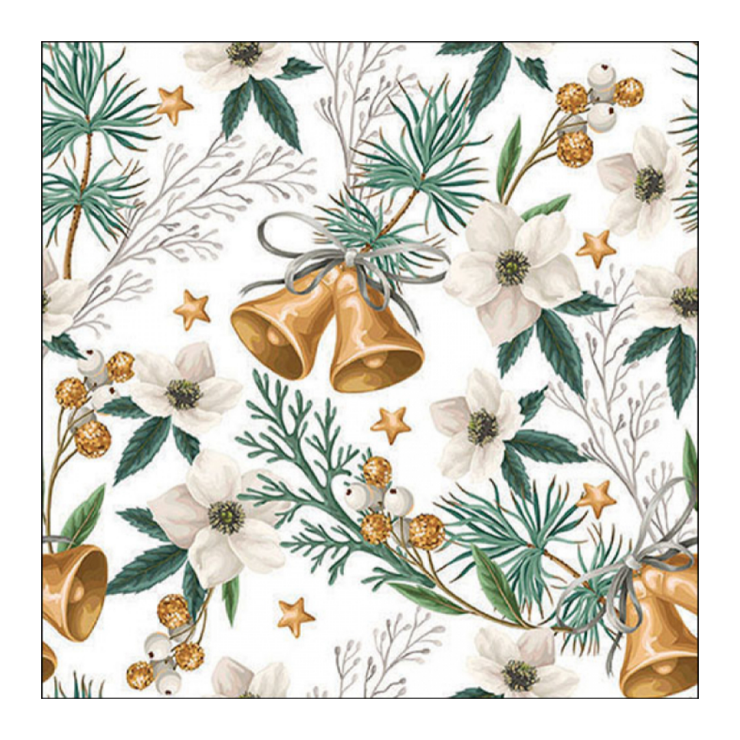 Gemusterte Serviette 33 x 33 cm mit Weihnachtsrosen und 3-lagigen Glöckchen