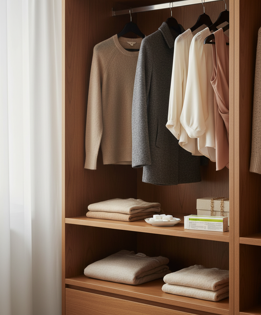 Tavolette di canfora in armadio con vestiti