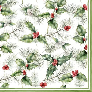 Tovagliolo fantasia 24 x 24 cm Agrifoglio e Vischio 3 veli
