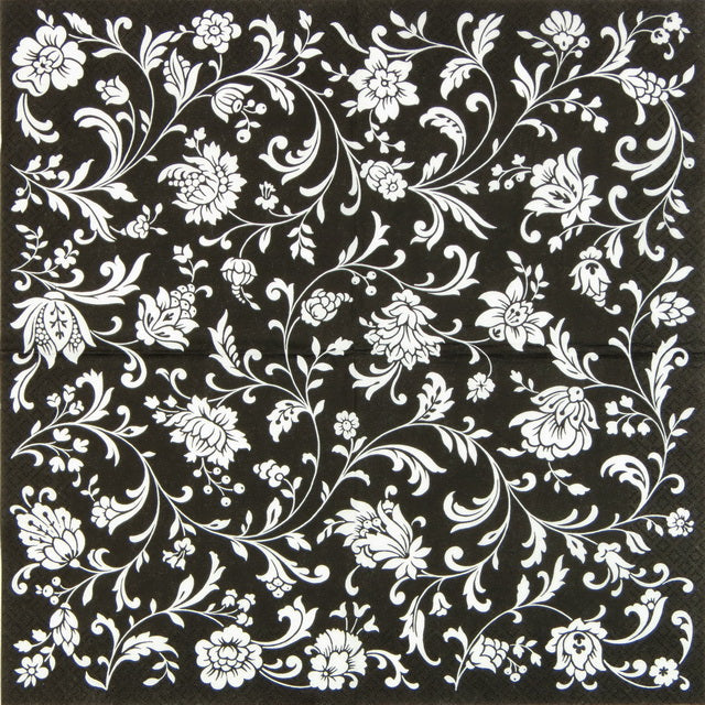 Gemusterte Serviette 24 x 24 cm Arabeske schwarz-weiß 3-lagig