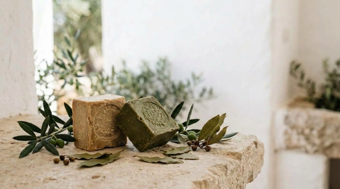 Due panetti di sapone di Aleppo, uno ambrato e uno verde, con marchi impressi, su un piano in pietra tra rametti d’ulivo e foglie di alloro.