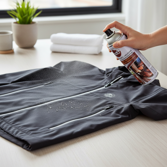 Applicazione spray impermeabilizzante su giacca tecnica