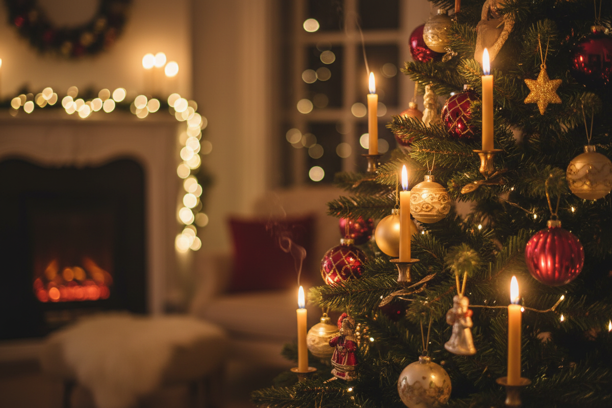 Candele cera d'api su albero di Natale tradizionale