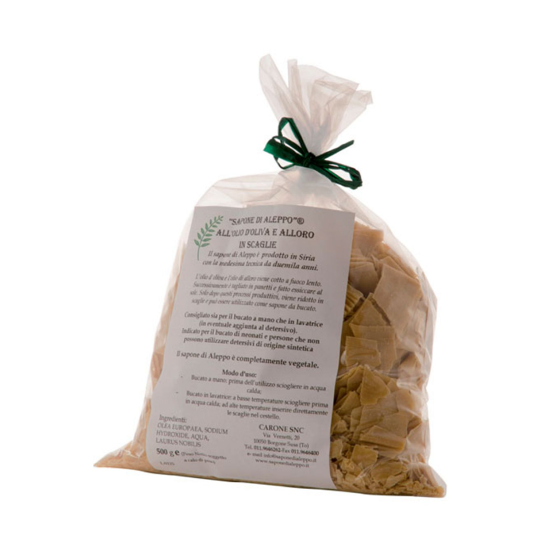 Detersivo in scaglie “SAPONE DI ALEPPO” olio d’oliva e olio di alloro 4% 500gr