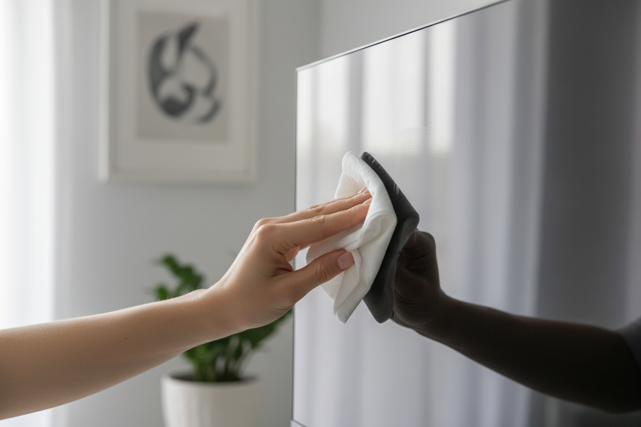 Mano che pulisce schermo con salviettina bianca