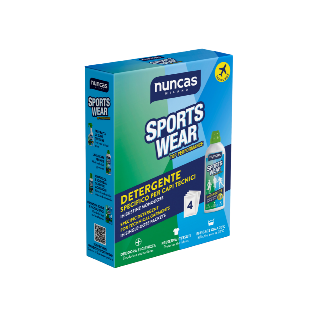 Nuncas Sportswear – Detergente capi sportivi, 4 bustine monodose