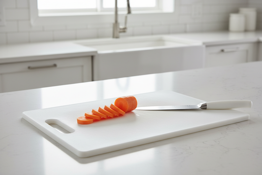 Tagliere bianco con carota affettata e coltello